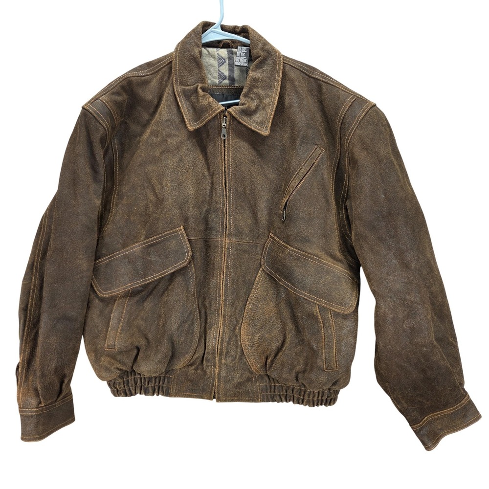 Context Jacket Mens 46 Brown Leather Bomber Elastic Waist Lined Zip Pockets